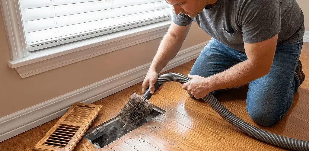 Air duct cleaning technician vacuuming a floor vent and duct opening in Santa Ana, CA