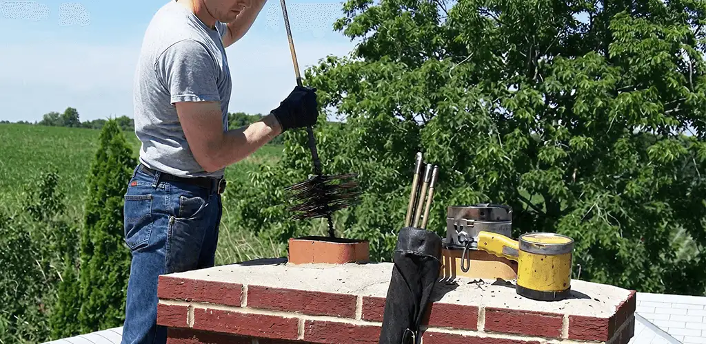 Chimney cleaning technician working on a rooftop chimney with professional tools in Santa Ana, CA