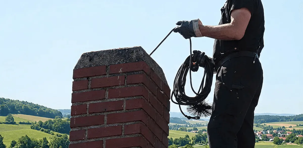Chimney sweep inspecting and cleaning a rooftop chimney in Santa Ana, CA