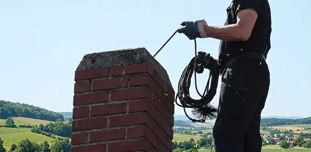 Chimney sweep inspecting and cleaning a rooftop chimney in Santa Ana, CA