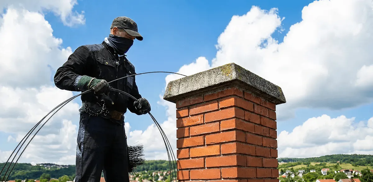 Chimney sweep cleaning a brick chimney with professional tools in Santa Ana, CA