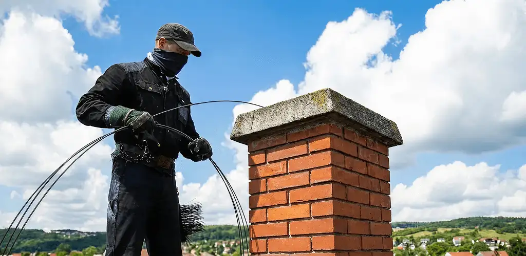Chimney sweep cleaning a brick chimney with professional tools in Santa Ana, CA