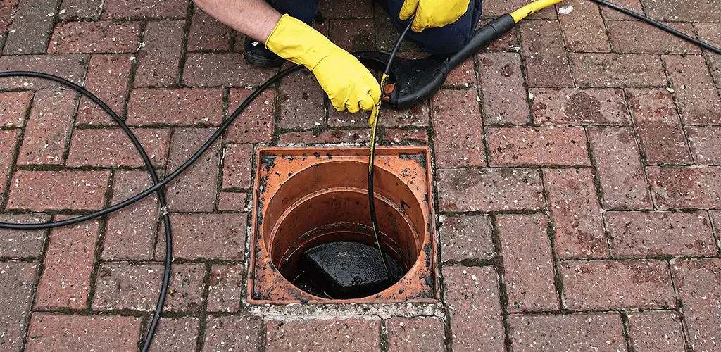 Drain cleaning technician using a drain snake to clear a clogged drain in Santa Ana, CA