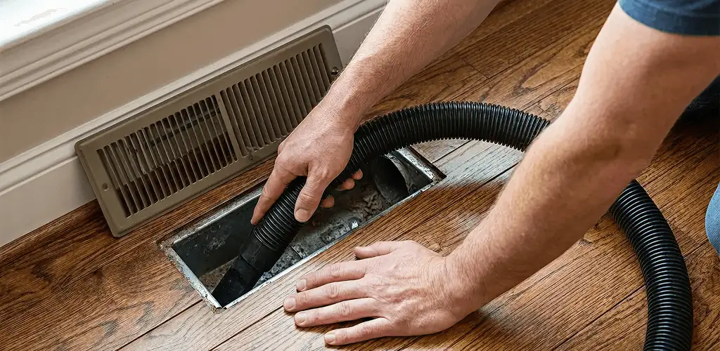 Air duct cleaning technician vacuuming a floor register and duct opening in Santa Ana, CA