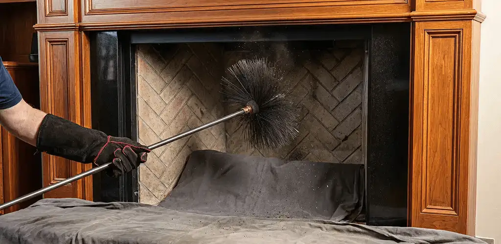 Chimney cleaning service brushing soot from a fireplace and flue in Santa Ana, CA