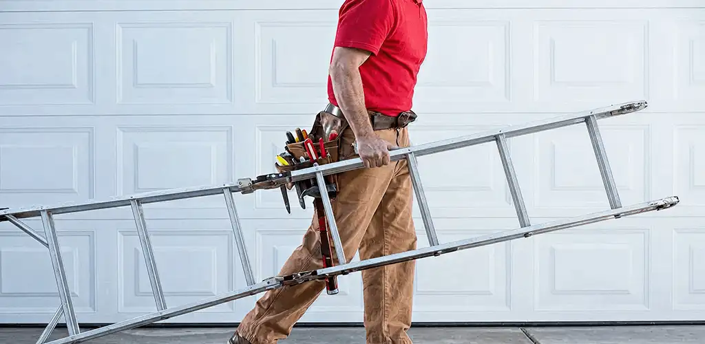Garage door repair technician arriving with tools and ladder in Santa Ana, CA