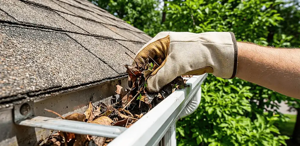 Gutter cleaning removing leaves and debris from roof gutters in Santa Ana, CA
