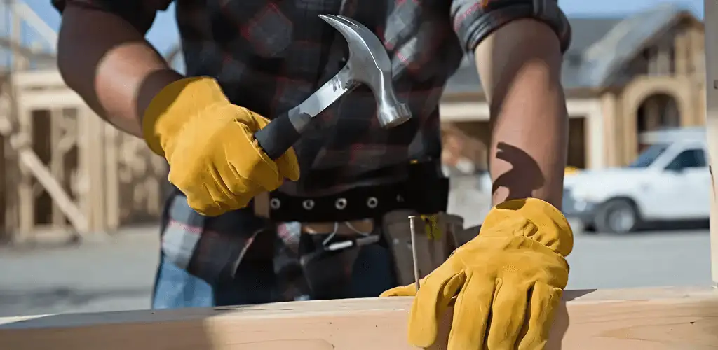 Handyman fixing wood trim with a hammer for home repairs in Santa Ana, CA