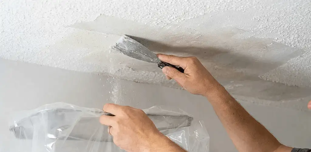 Popcorn ceiling removal technician scraping texture from a ceiling in Santa Ana, CA