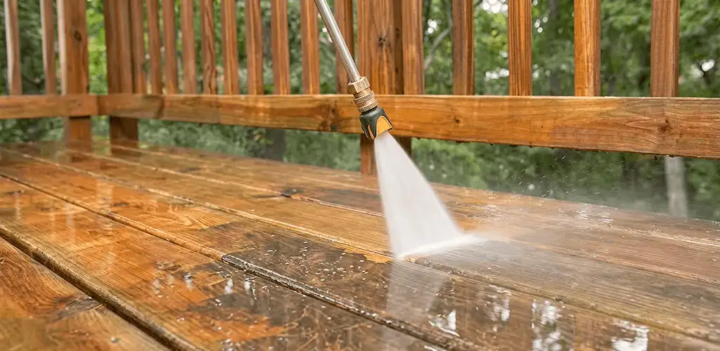 Pressure washing a wood deck to remove dirt and buildup in Santa Ana, CA