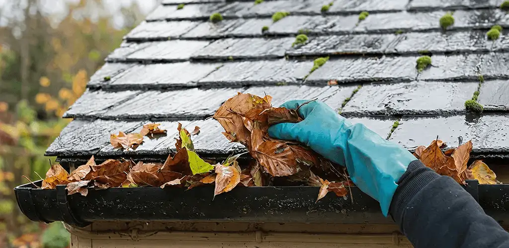 Gutter cleaning technician clearing wet leaves from roof gutters in Santa Ana, CA