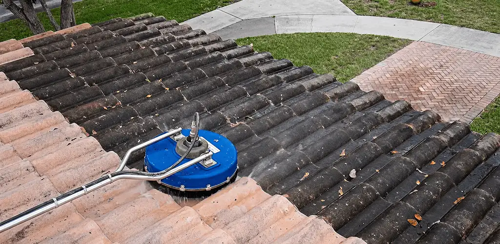 Roof pressure cleaning removing debris and buildup from roof tiles in Santa Ana, CA