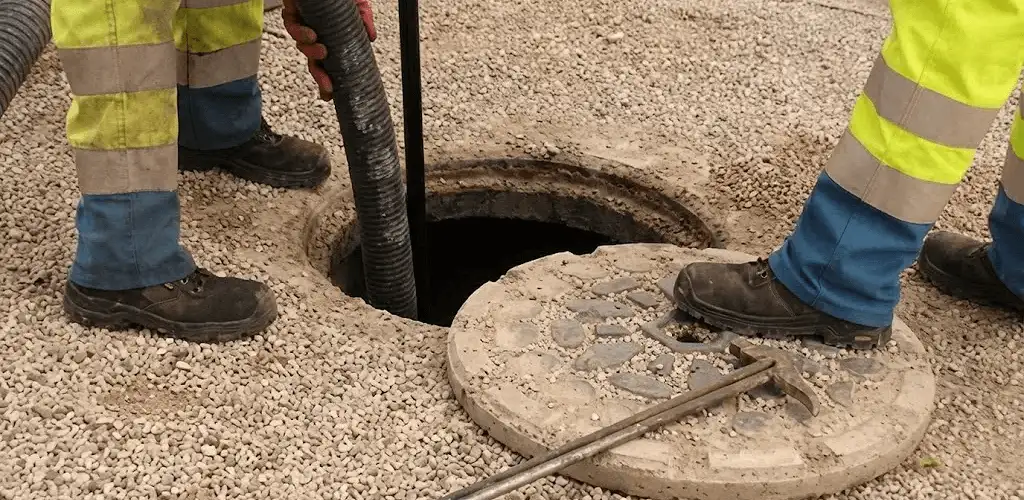 Drain cleaning crew clearing a sewer access point with professional equipment in Santa Ana, CA