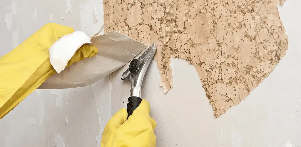 Wallpaper removal service stripping old wallpaper from a wall in Santa Ana, CA